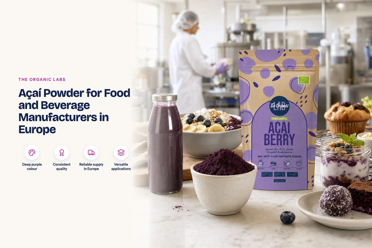 Açaí powder pack with a 25 kg drum and finished products in a food production kitchen