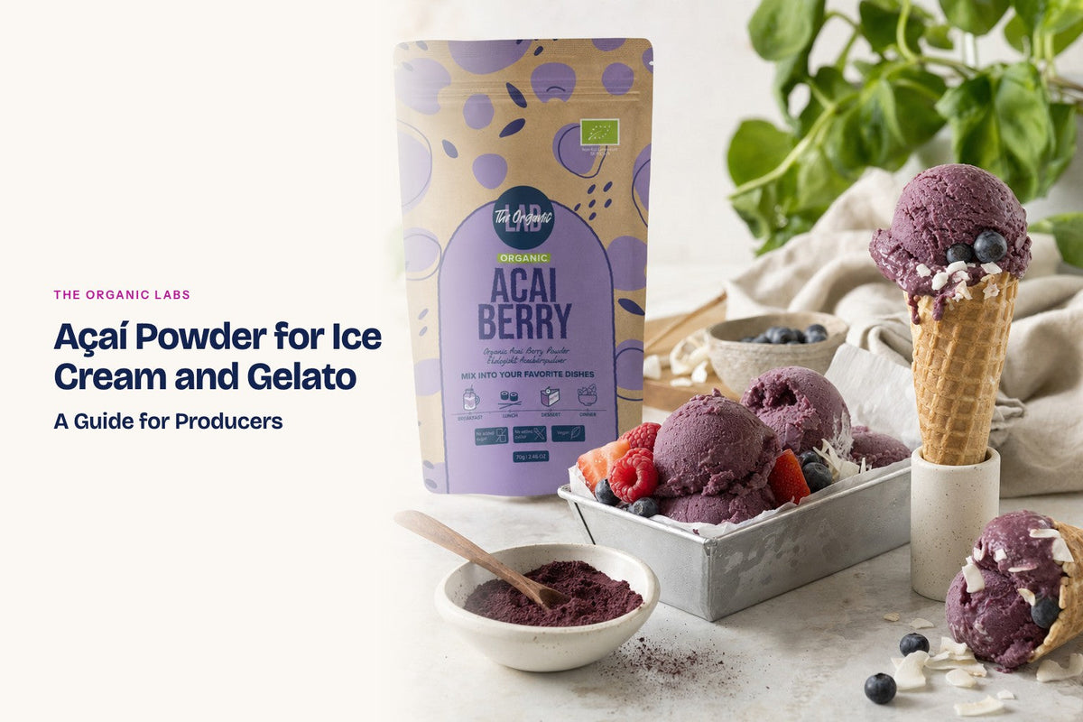 Açaí powder pack with scoops of ice cream and gelato