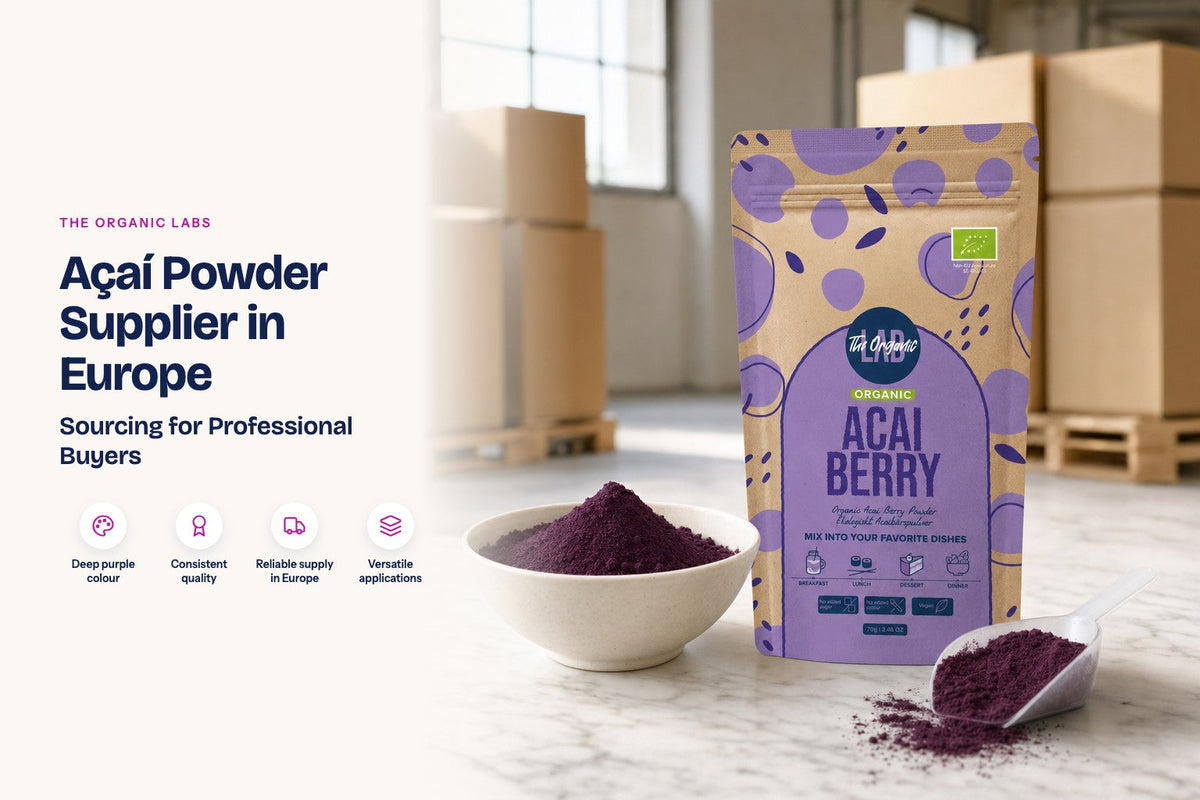 Açaí powder pack with a 25 kg bulk drum in a warehouse
