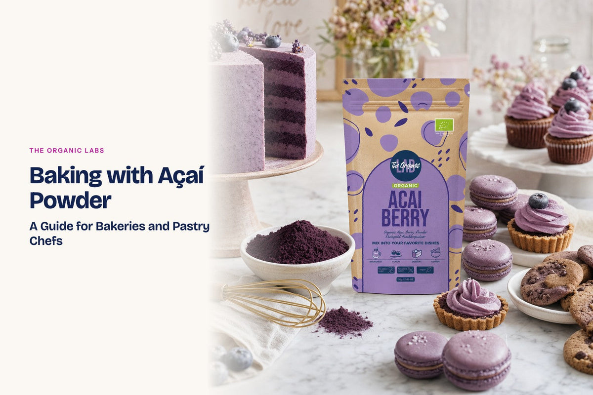 Açaí powder pack with cakes, cupcakes and macarons