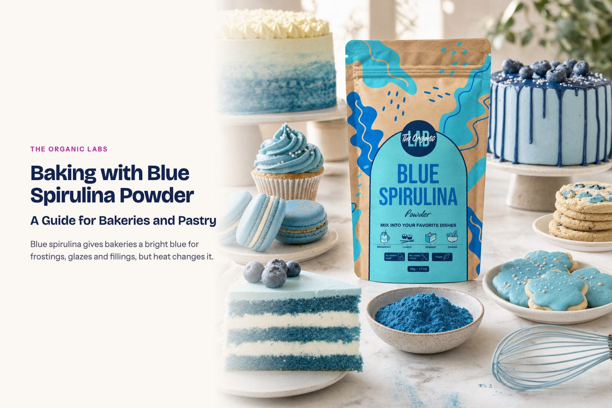 Blue spirulina powder pack with cakes, cupcakes and macarons