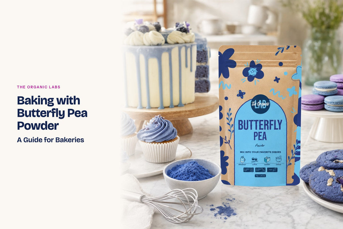 Butterfly pea powder pack with cakes, cupcakes and macarons