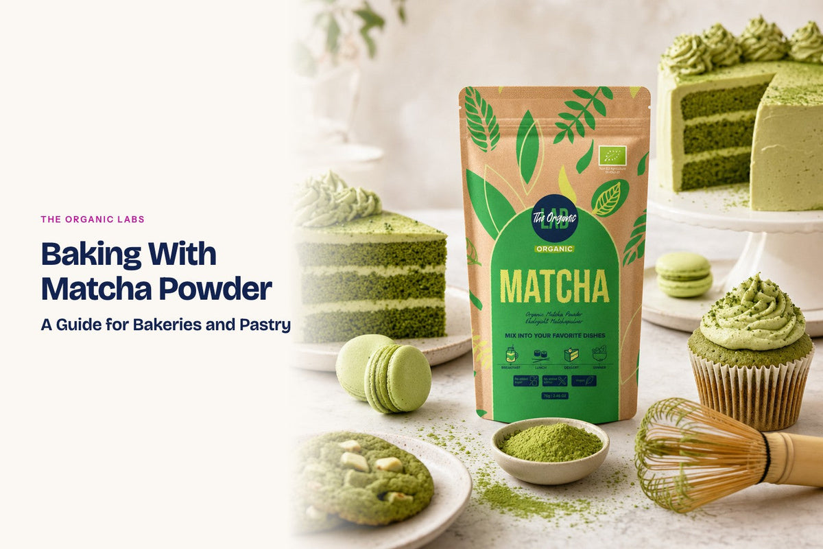 Matcha powder pack with cakes, cupcakes and macarons
