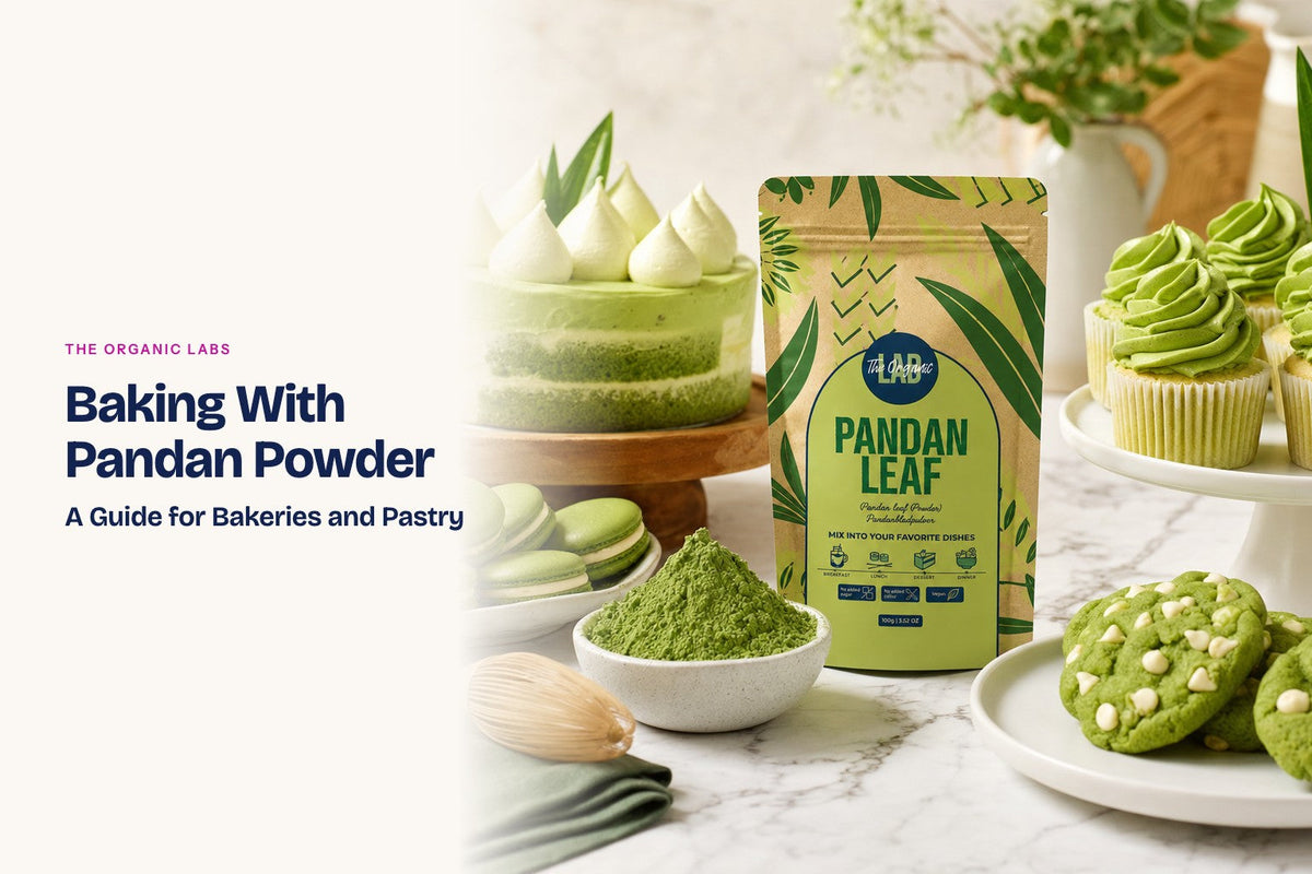 Pandan powder pack with cakes, cupcakes and macarons