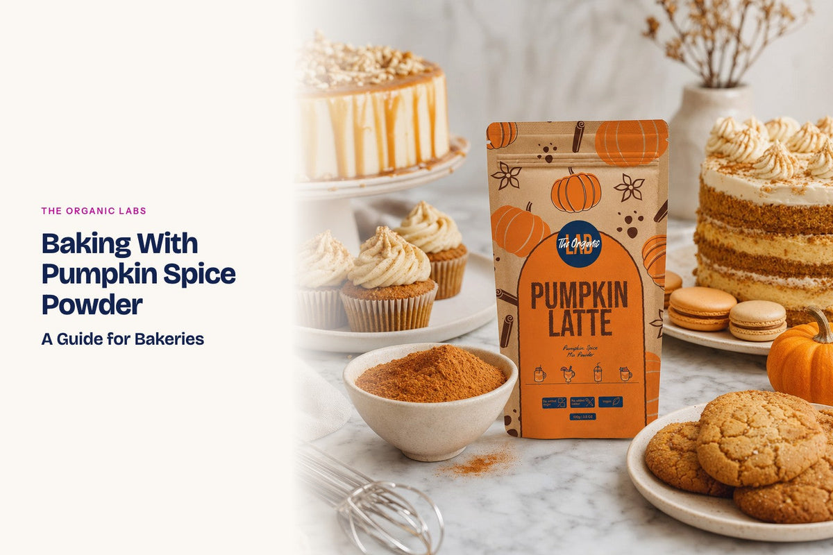Pumpkin spice powder pack with cakes, cupcakes and macarons