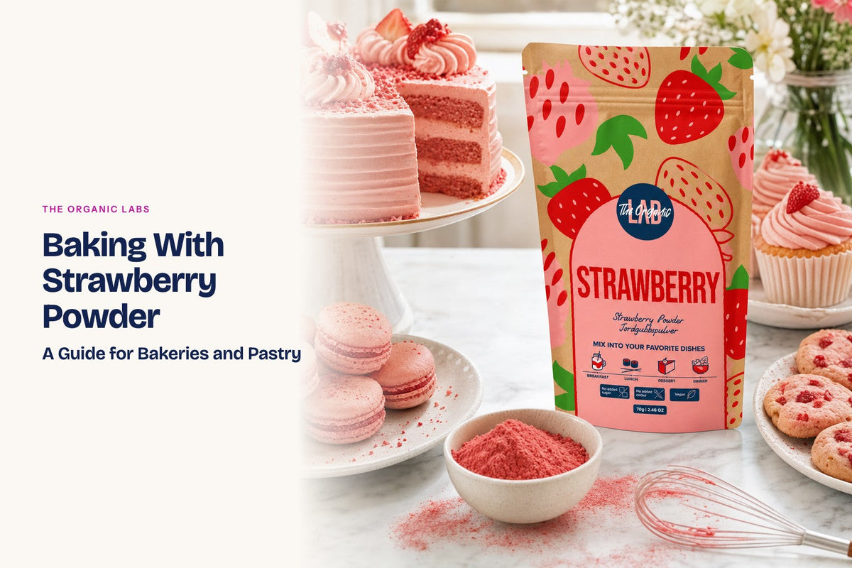 Freeze-dried strawberry powder pack with cakes, cupcakes and macarons