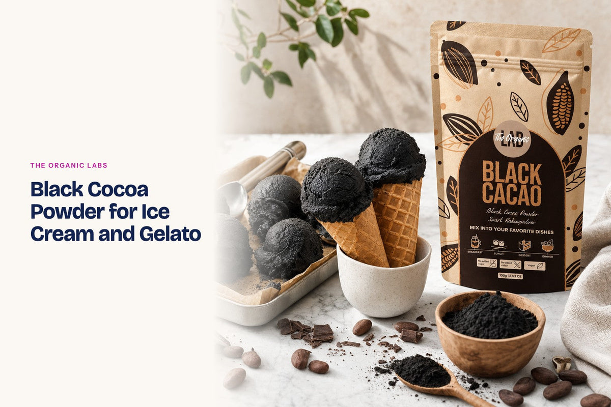 Black cocoa powder pack with scoops of ice cream and gelato