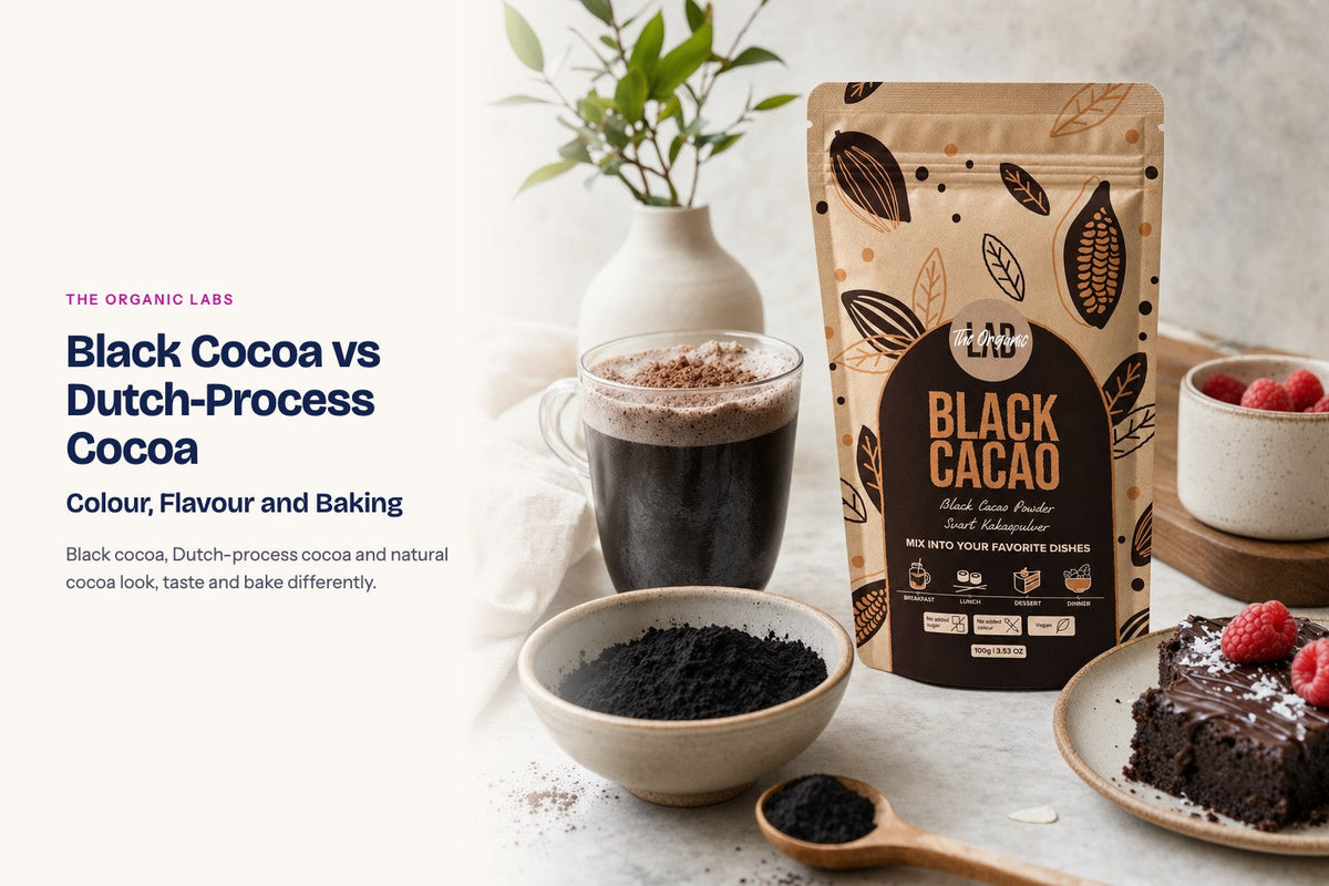 Black cocoa powder pack with drinks and desserts
