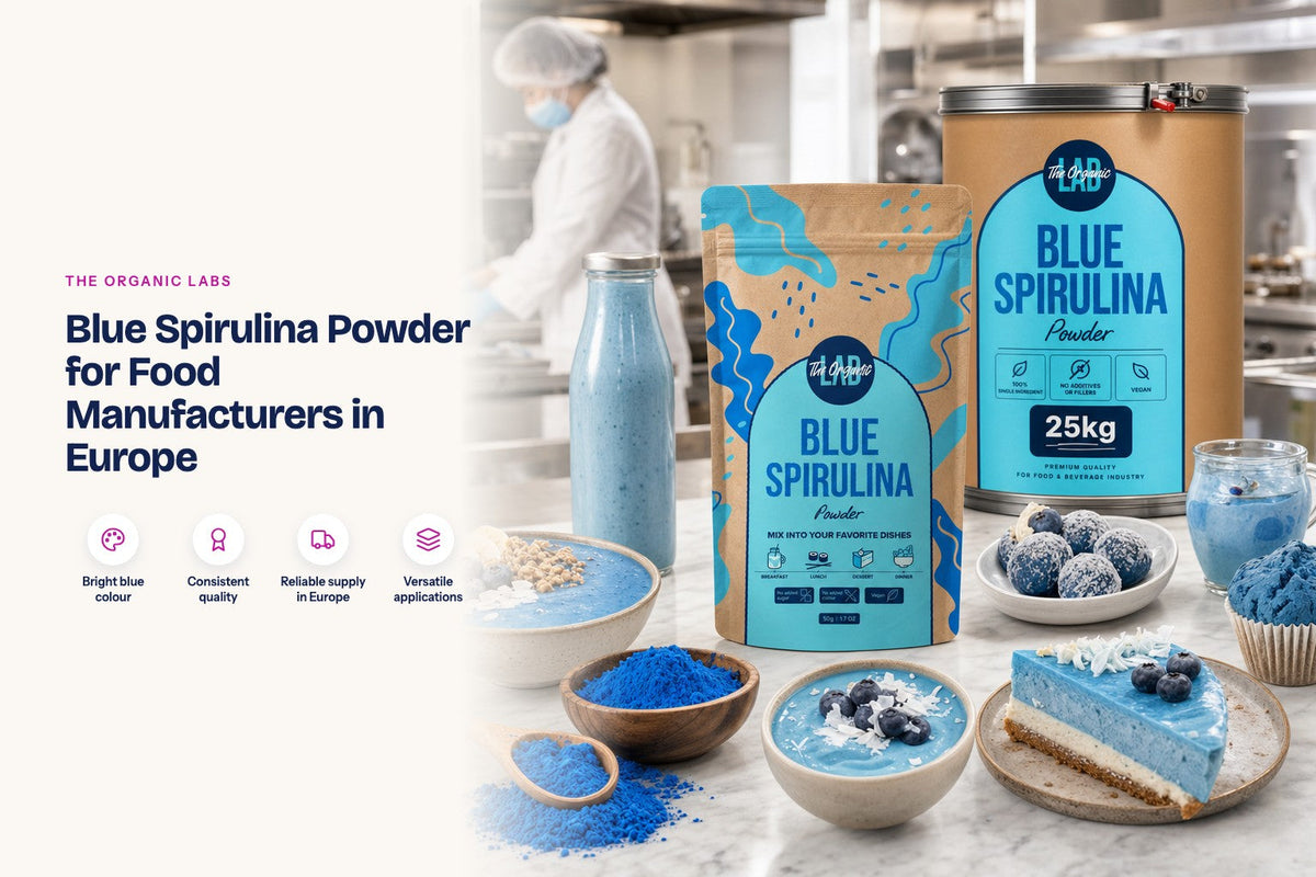 Blue spirulina powder pack with a 25 kg drum and finished products in a food production kitchen