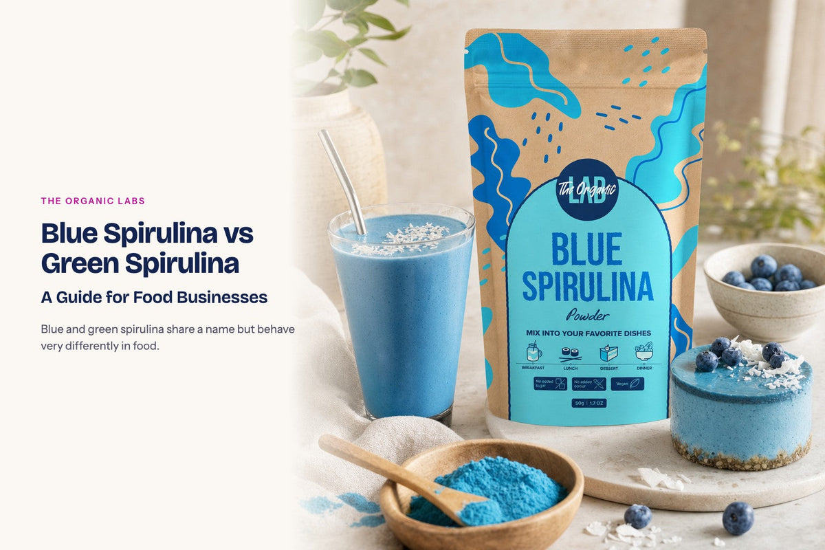 Blue spirulina powder pack with drinks and desserts