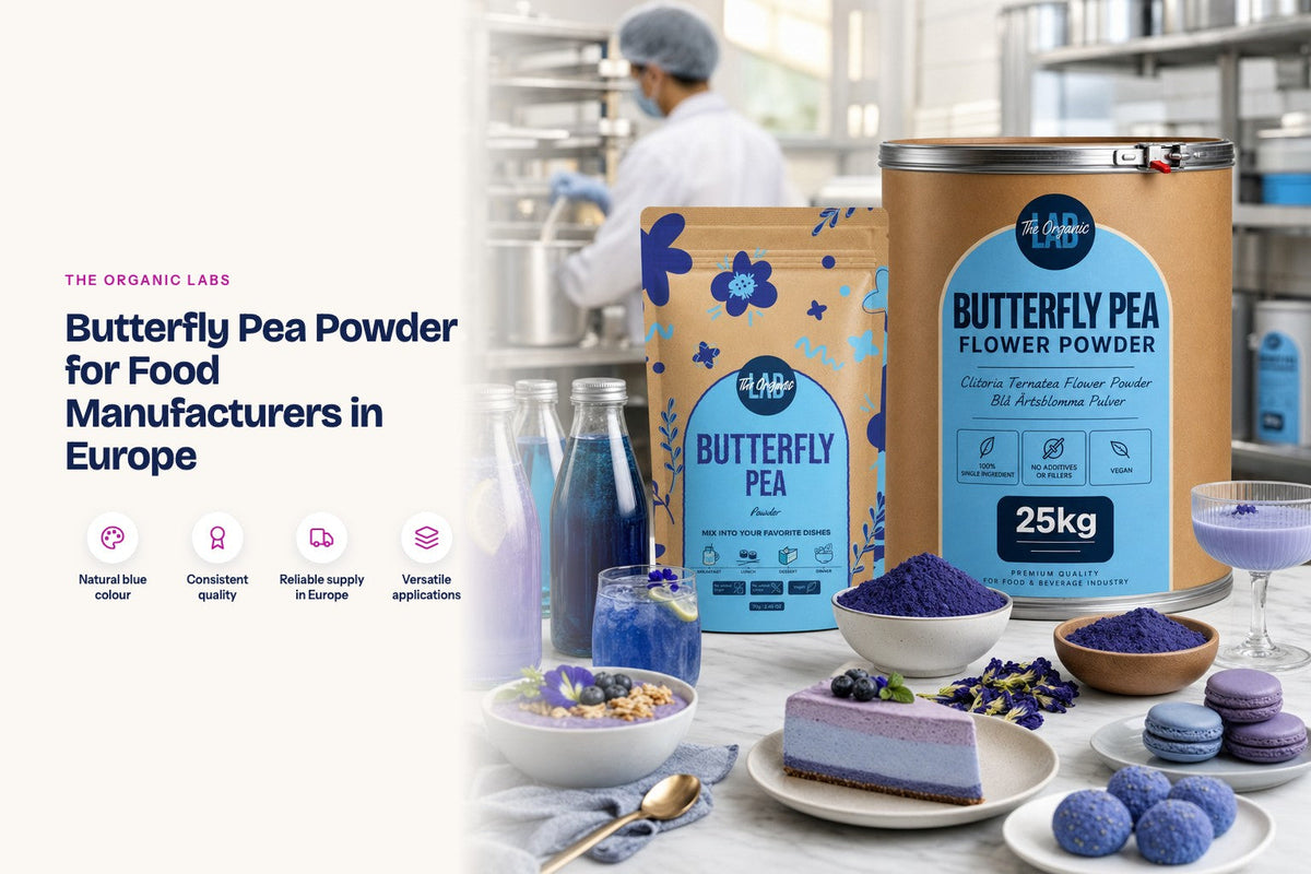Butterfly pea powder pack with a 25 kg drum and finished products in a food production kitchen