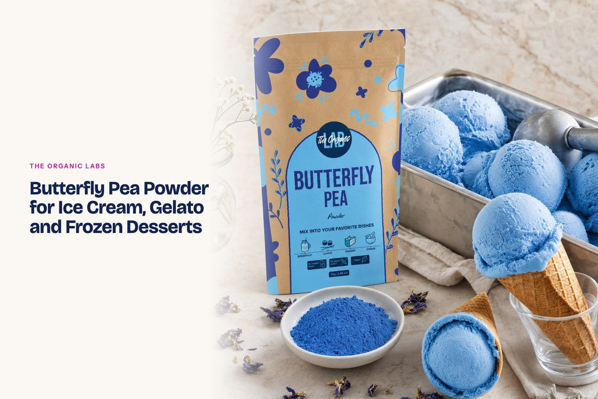 Butterfly pea powder pack with scoops of ice cream and gelato