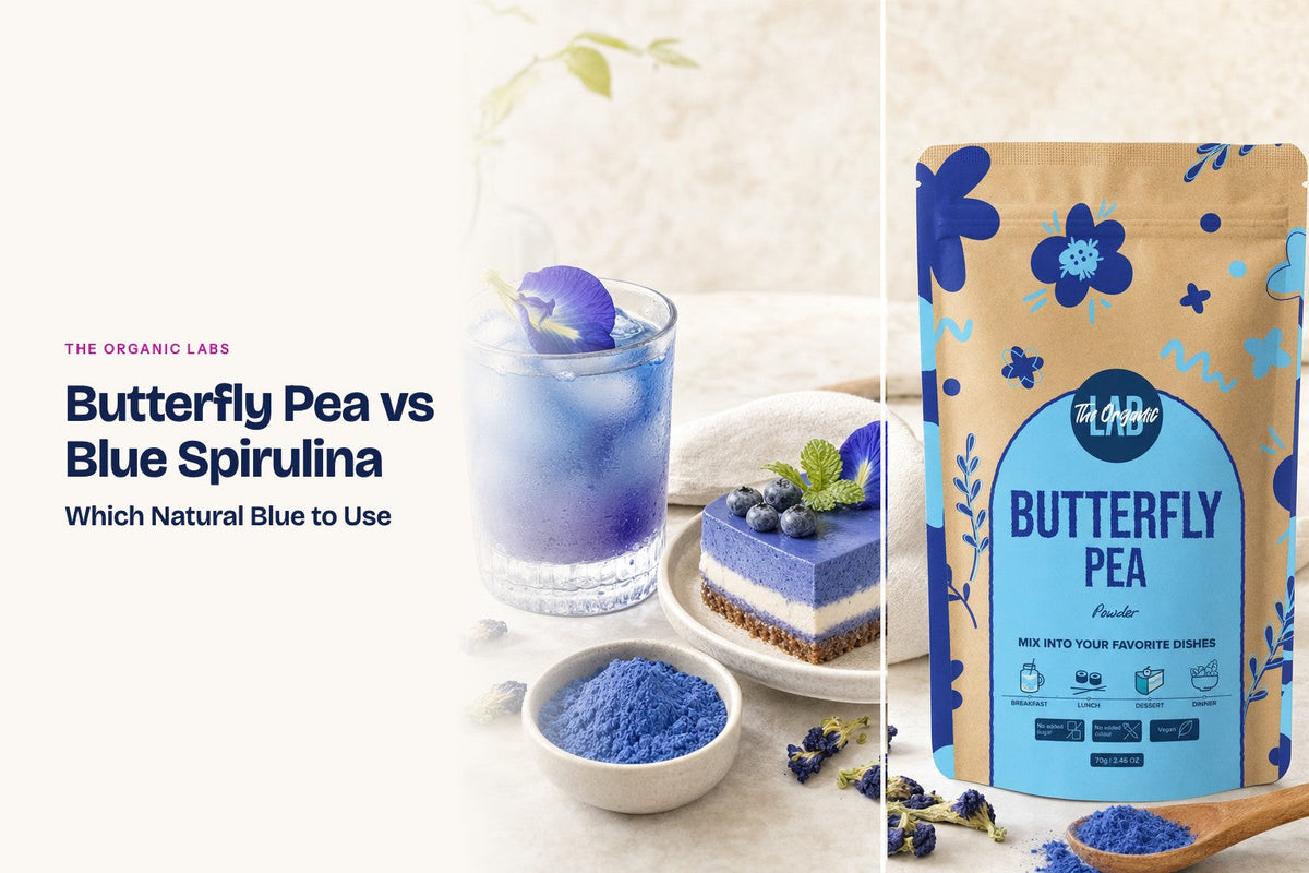 Butterfly pea powder pack with drinks and desserts