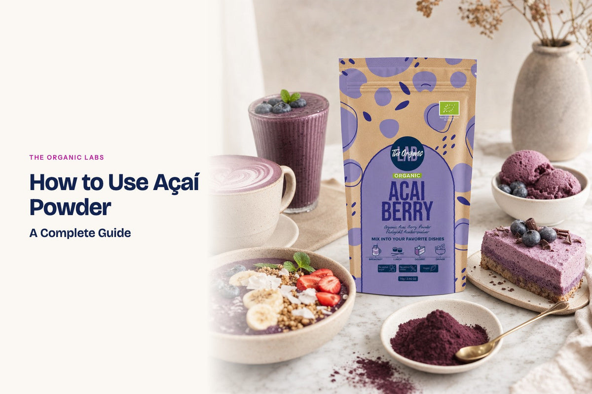 Açaí powder pack with a latte, a smoothie bowl, cake and ice cream