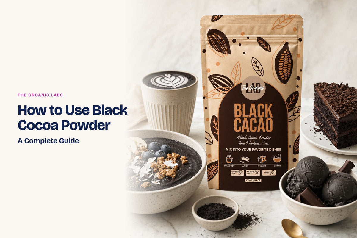 Black cocoa powder pack with a latte, a smoothie bowl, cake and ice cream