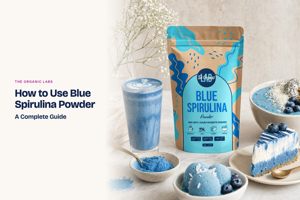 Blue spirulina powder pack with a latte, a smoothie bowl, cake and ice cream