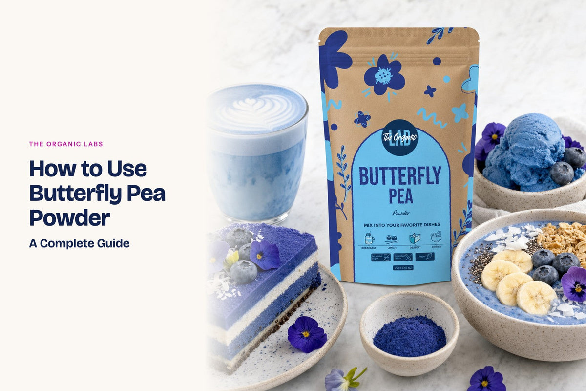Butterfly pea powder pack with a latte, a smoothie bowl, cake and ice cream