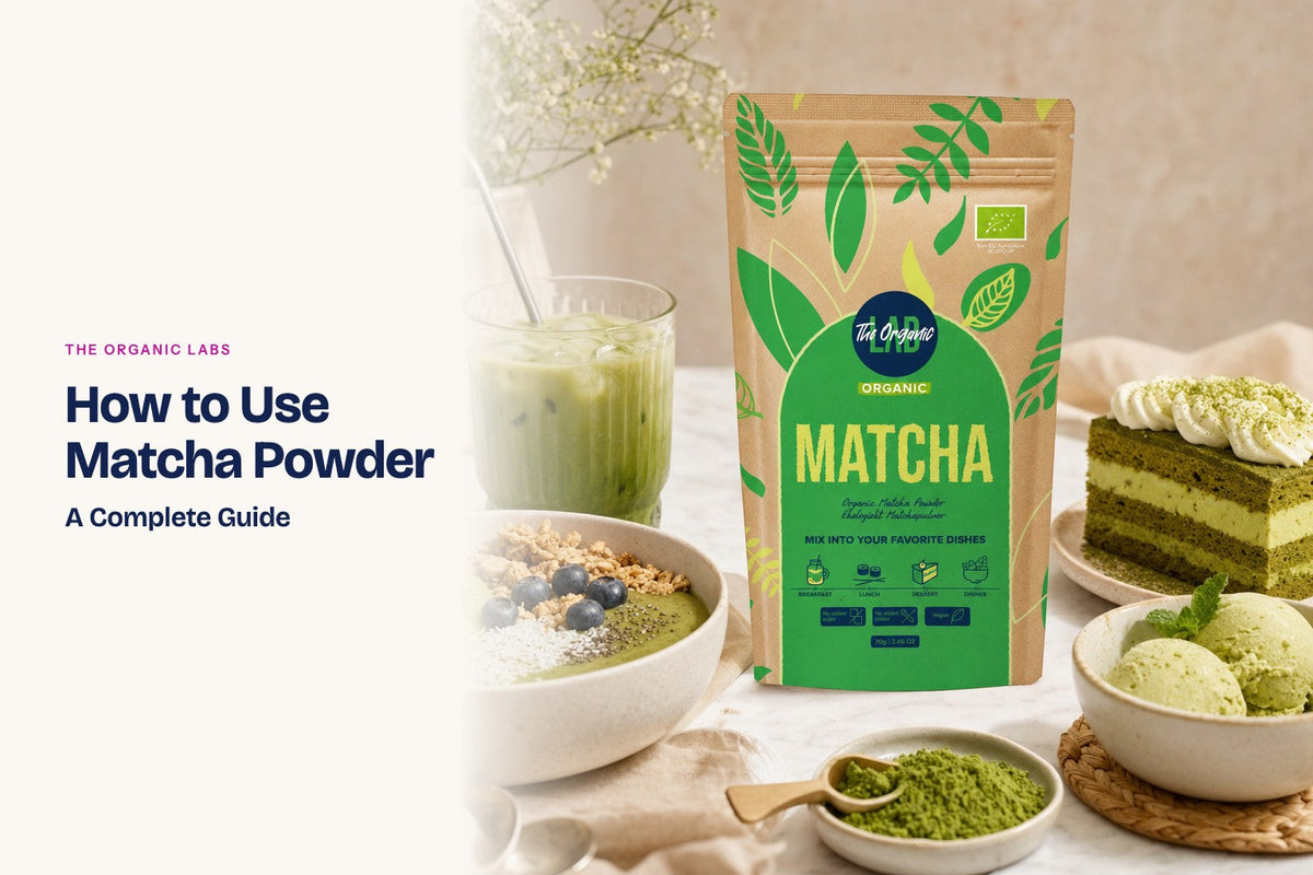 Matcha powder pack with a latte, a smoothie bowl, cake and ice cream