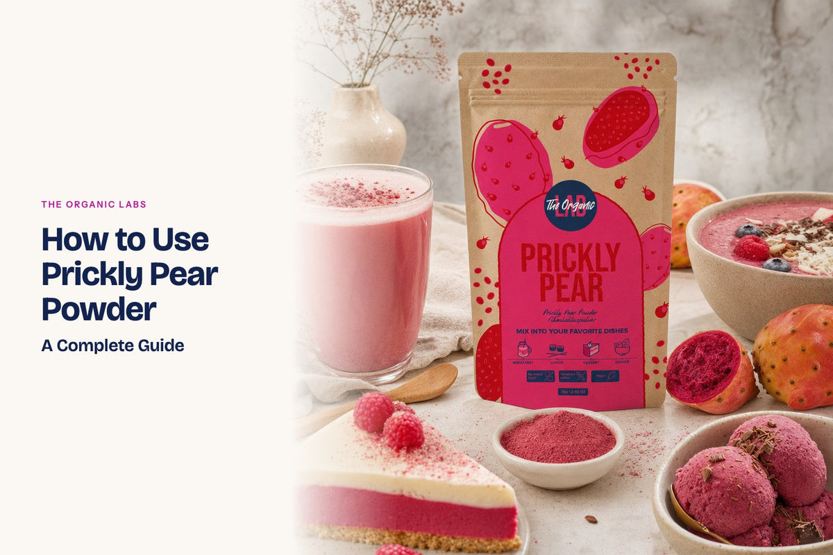 Prickly pear powder pack with a latte, a smoothie bowl, cake and ice cream