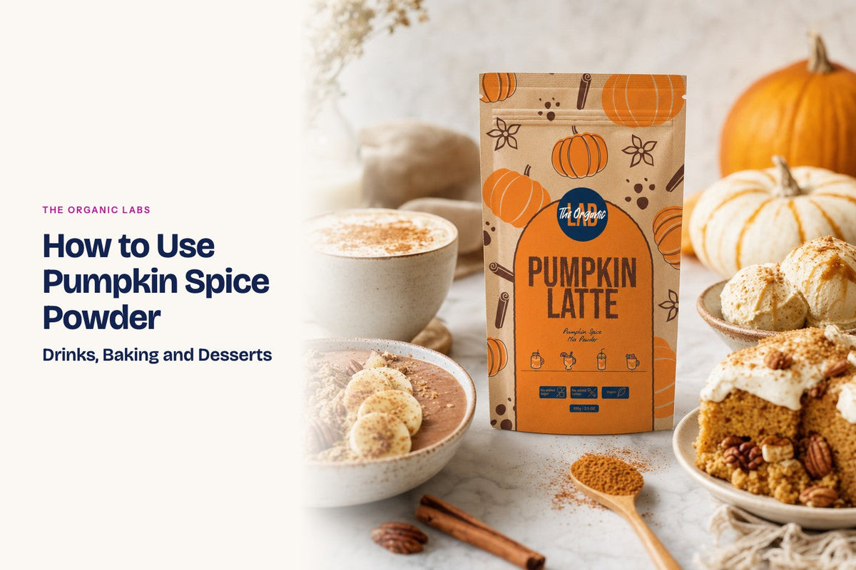 Pumpkin spice powder pack with a latte, a smoothie bowl, cake and ice cream