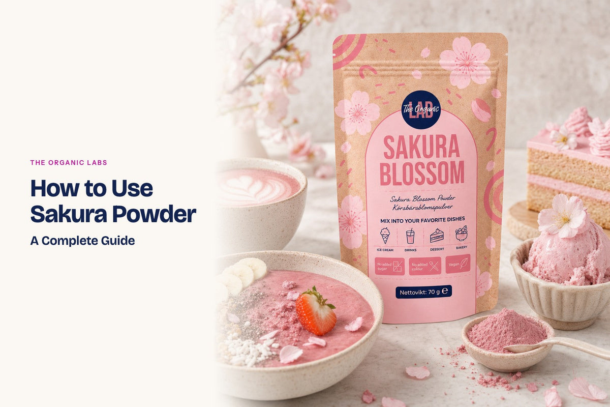Sakura powder pack with a latte, a smoothie bowl, cake and ice cream