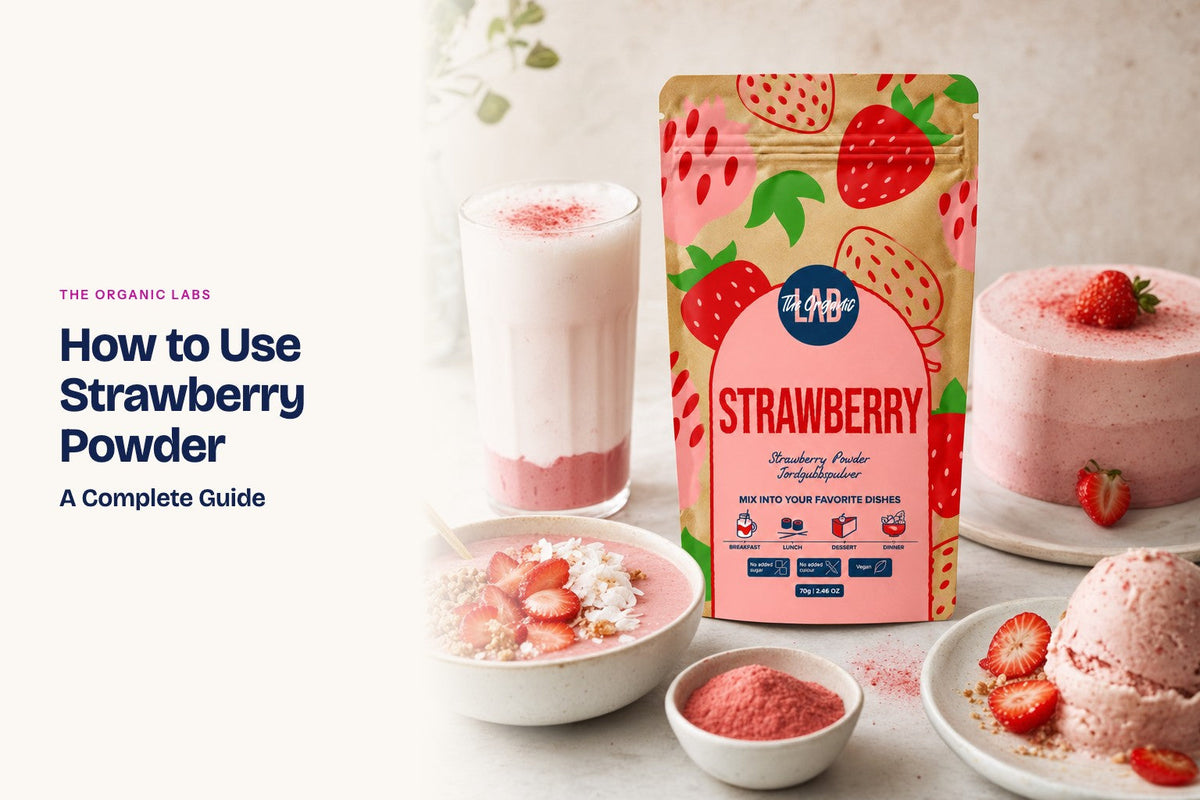 Freeze-dried strawberry powder pack with a latte, a smoothie bowl, cake and ice cream
