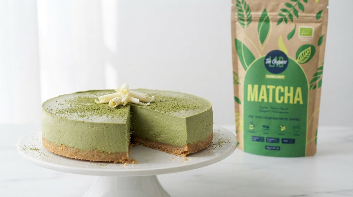 Creamy matcha cheesecake made with green tea powder, biscuit base and white chocolate curls.