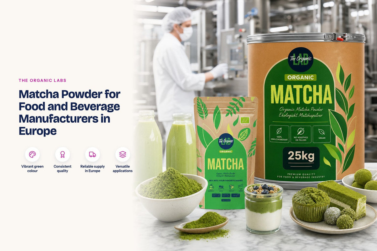 Matcha powder pack with a 25 kg drum and finished products in a food production kitchen