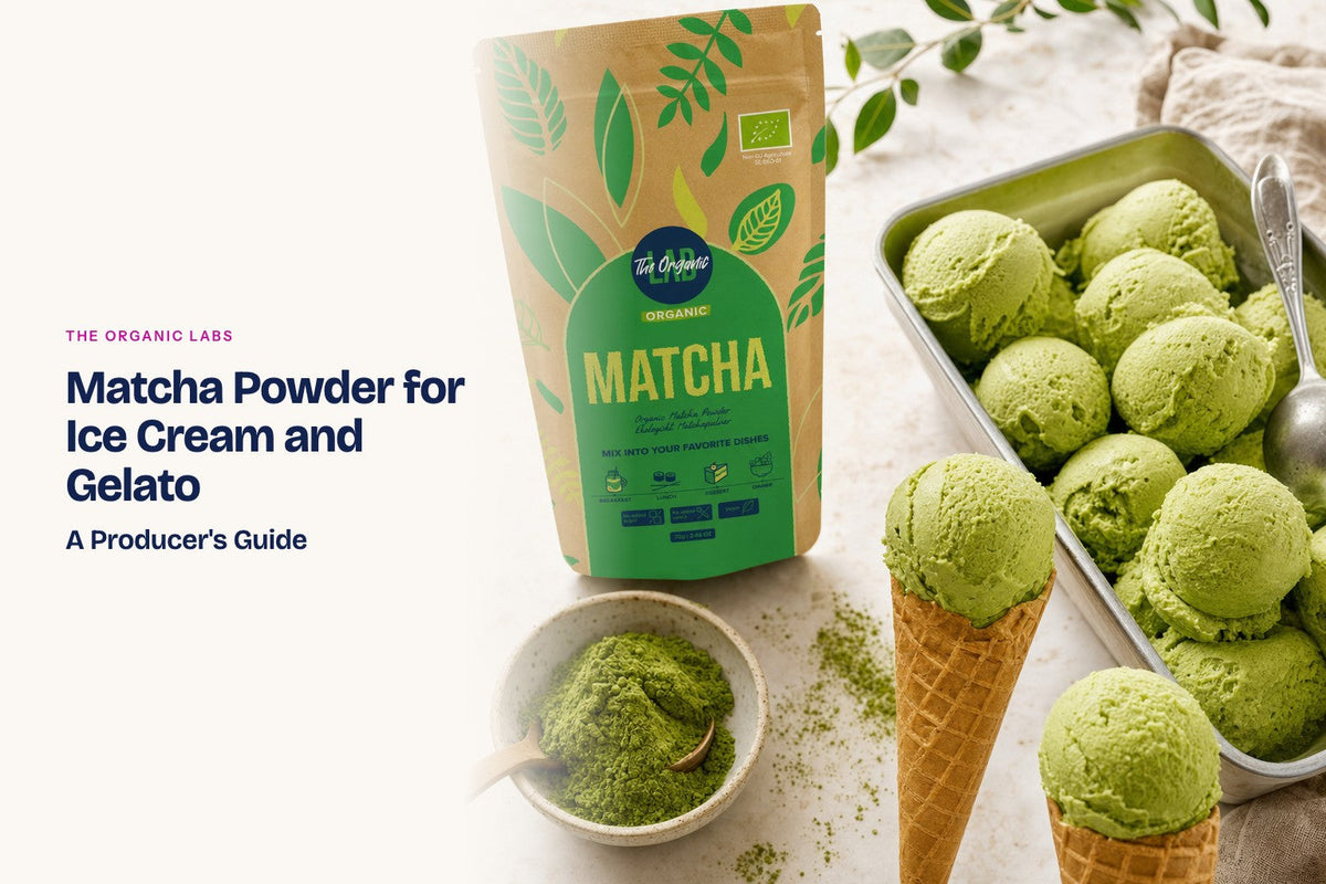 Matcha powder pack with scoops of ice cream and gelato