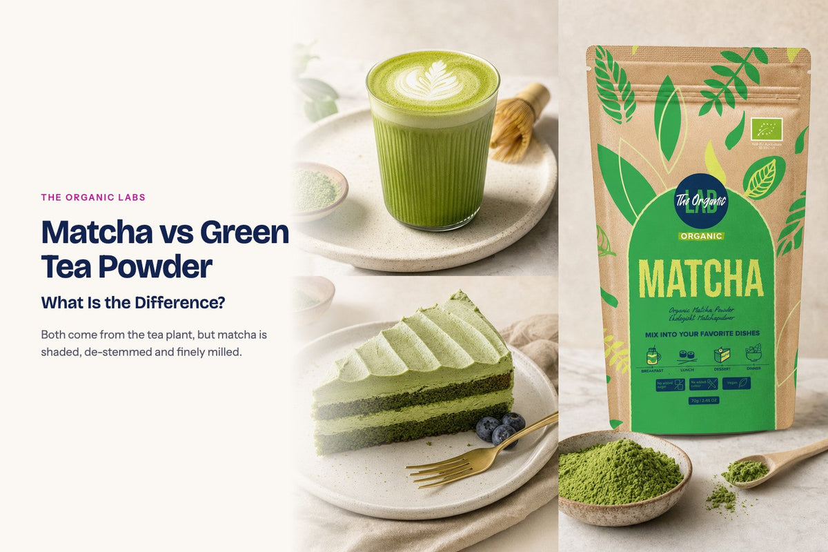 Matcha powder pack with drinks and desserts