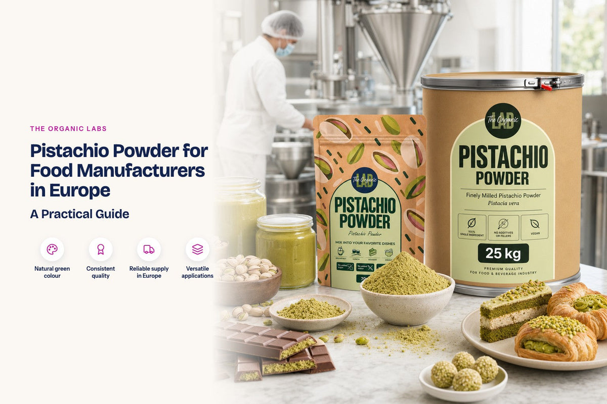 Pistachio powder pack with a 25 kg drum and finished products in a food production kitchen