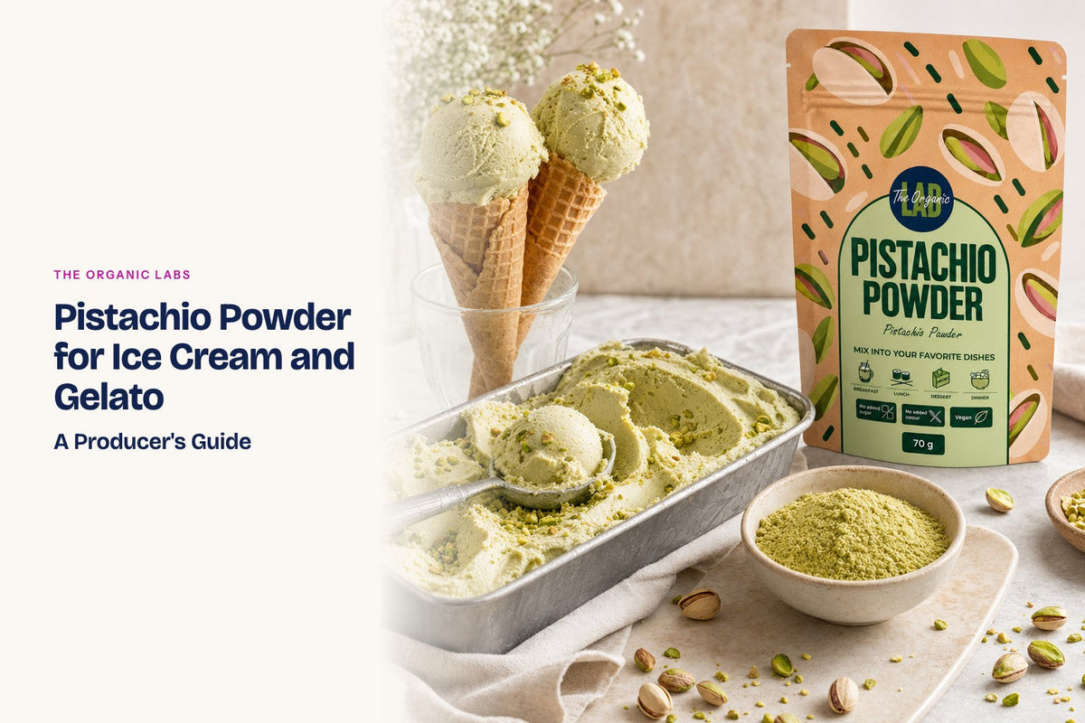 Pistachio powder pack with scoops of ice cream and gelato