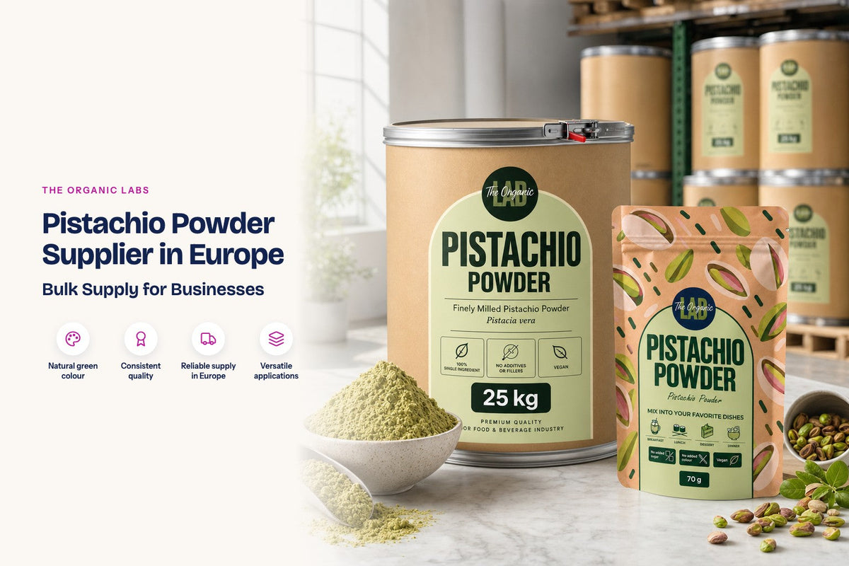 Pistachio powder pack with a 25 kg bulk drum in a warehouse