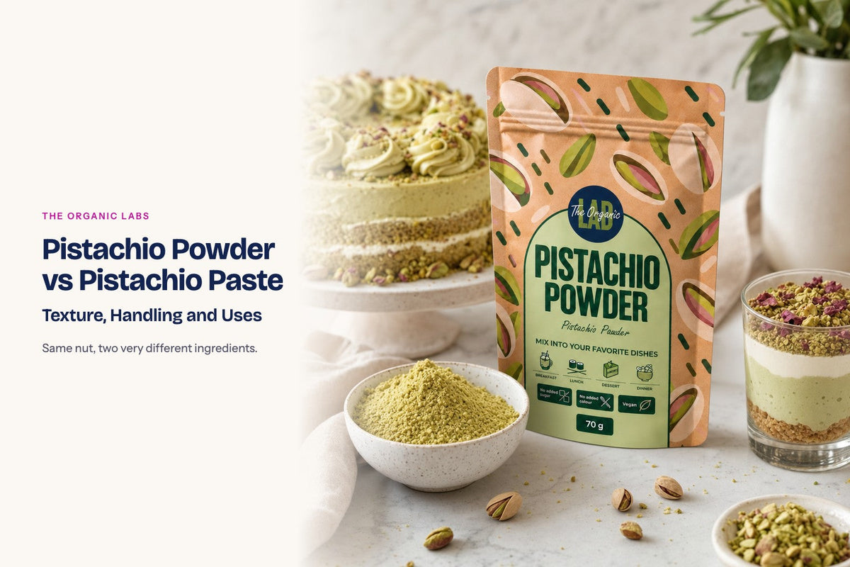 Pistachio powder pack with desserts and pastries
