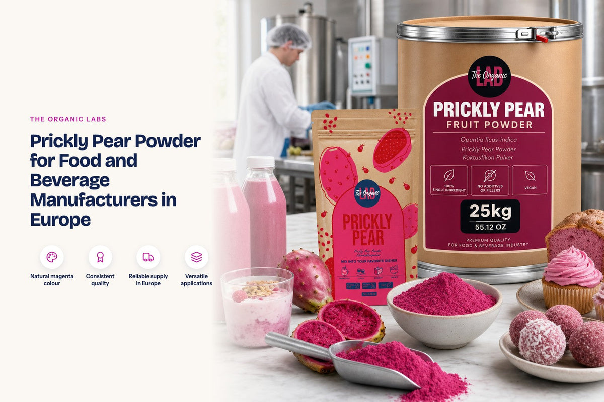 Prickly pear powder pack with a 25 kg drum and finished products in a food production kitchen