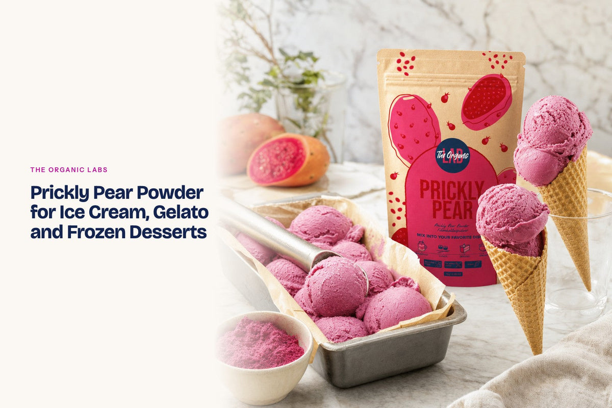 Prickly pear powder pack with scoops of ice cream and gelato