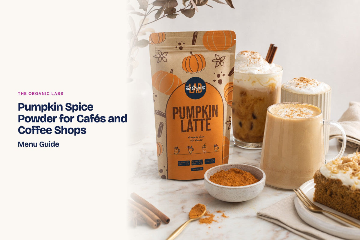 Pumpkin spice powder pack with hot and iced lattes on a café counter