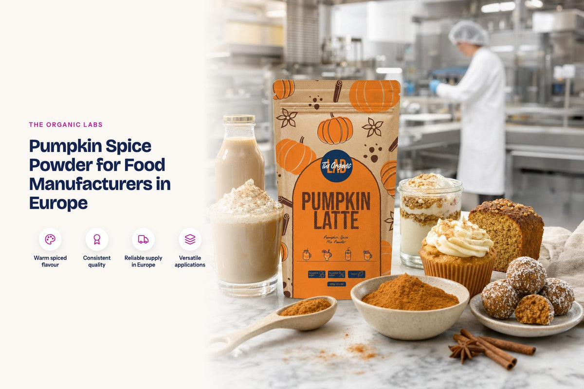 Pumpkin spice powder pack with a 25 kg drum and finished products in a food production kitchen