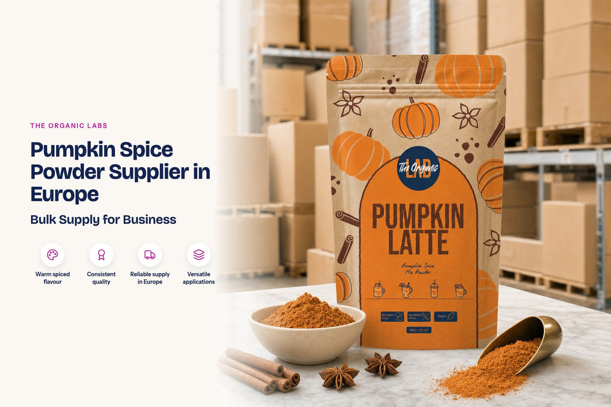 Pumpkin spice powder pack with a 25 kg bulk drum in a warehouse