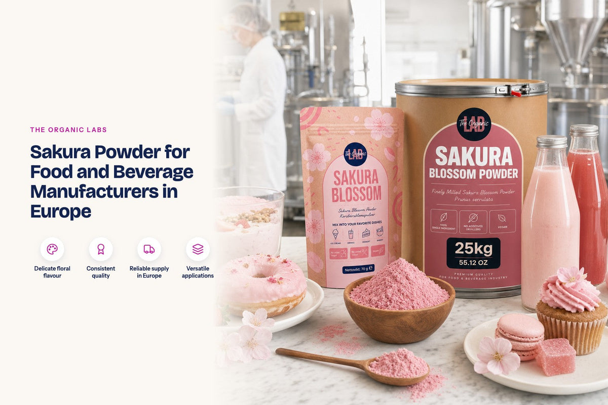 Sakura powder pack with a 25 kg drum and finished products in a food production kitchen