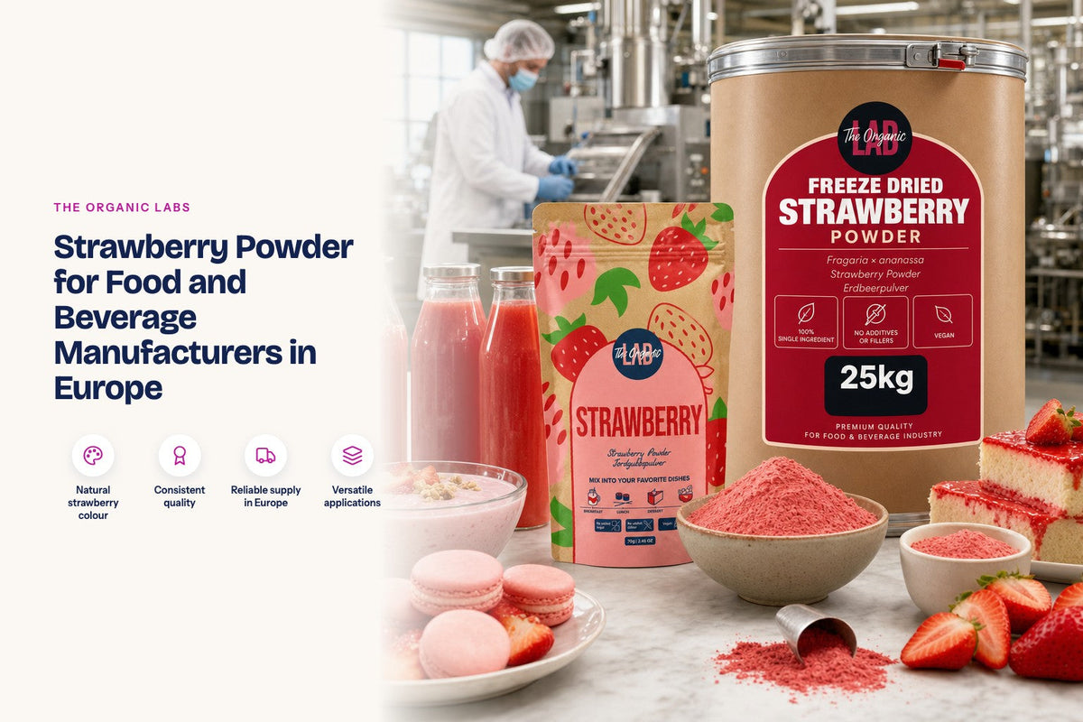 Freeze-dried strawberry powder pack with a 25 kg drum and finished products in a food production kitchen