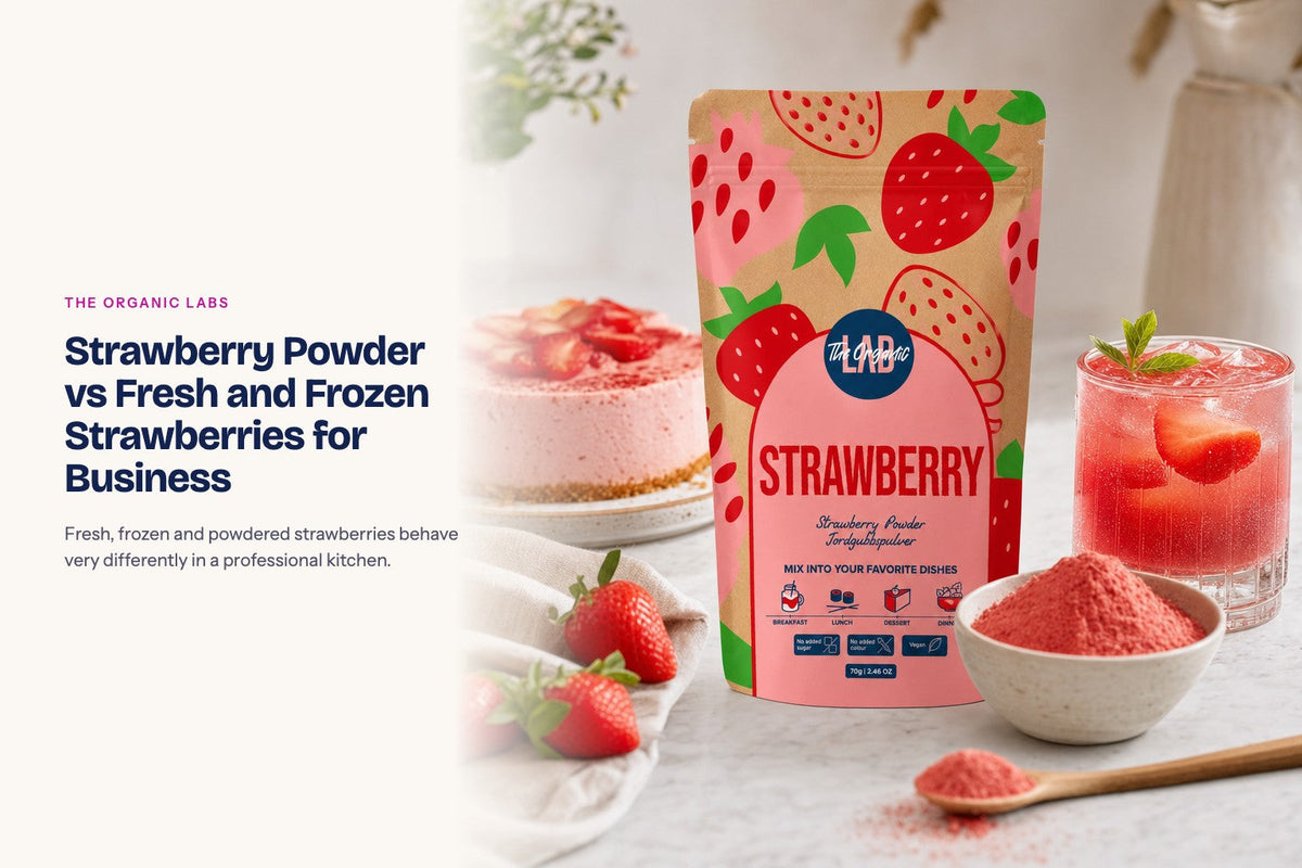 Freeze-dried strawberry powder pack with drinks and desserts