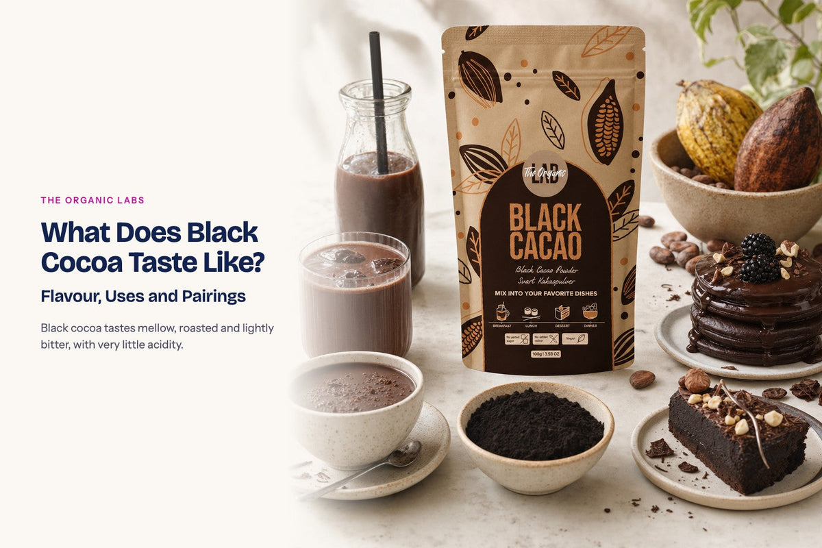 Black cocoa powder pack with drinks and desserts made with it