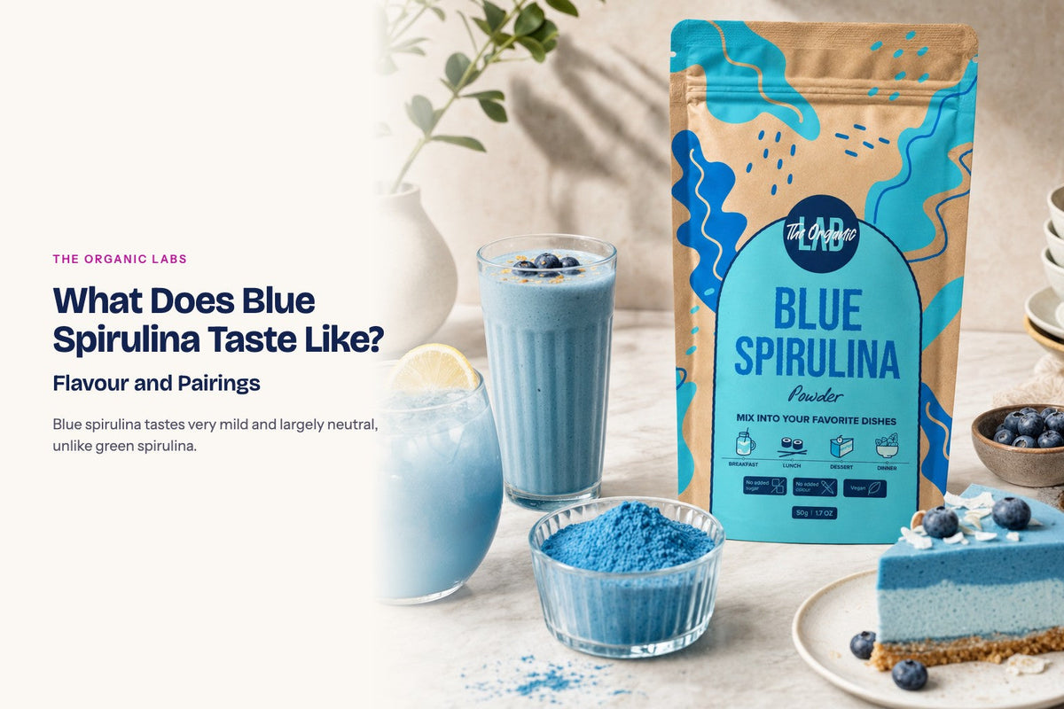 Blue spirulina powder pack with drinks and desserts made with it