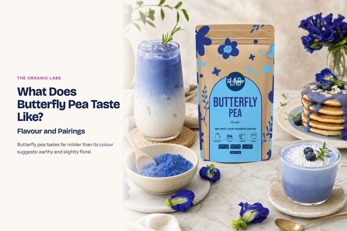 Butterfly pea powder pack with drinks and desserts made with it
