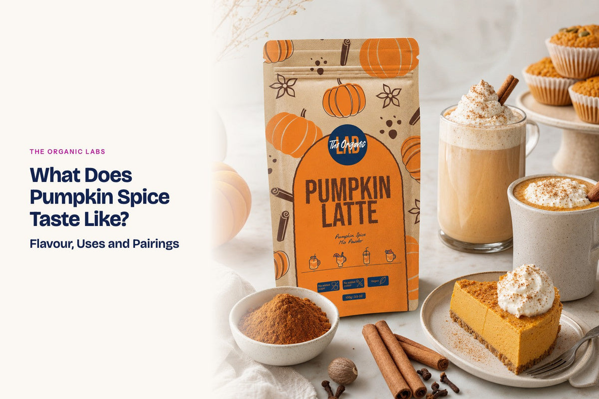 Pumpkin spice powder pack with drinks and desserts made with it