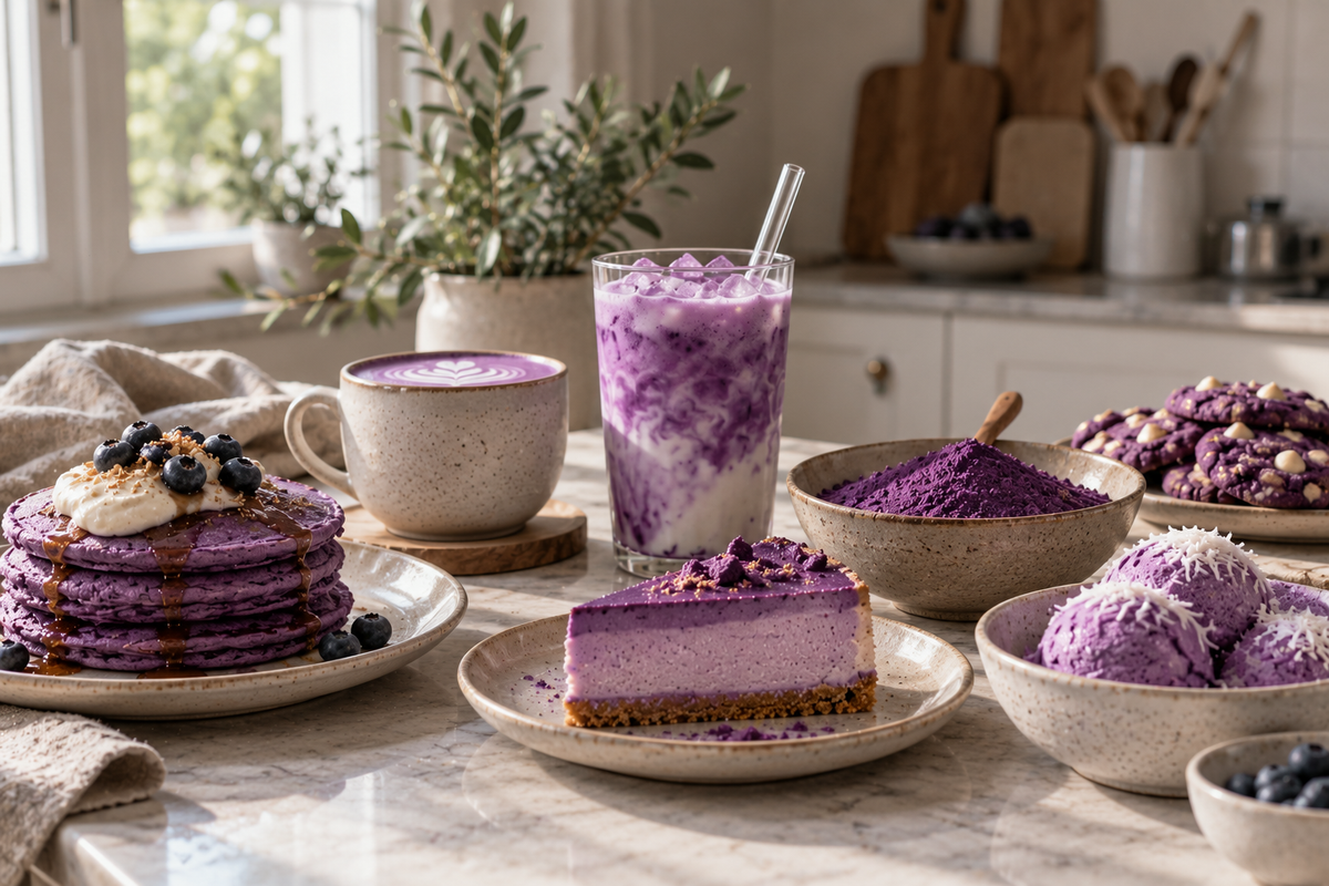 Ube powder with Ube latte, cheesecake, pancakes, cookies and ice cream in a Scandinavian kitchen