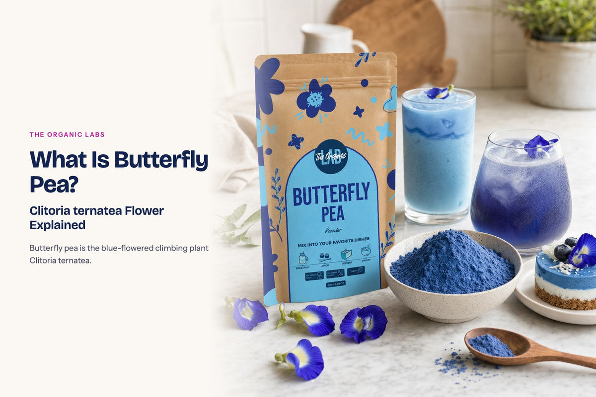 Butterfly pea powder pack with a bowl of the powder, drinks and desserts