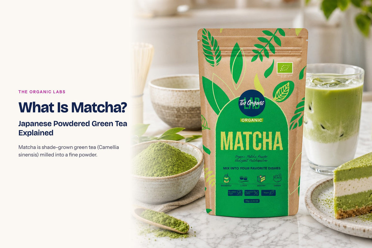 Matcha powder pack with a bowl of the powder, drinks and desserts