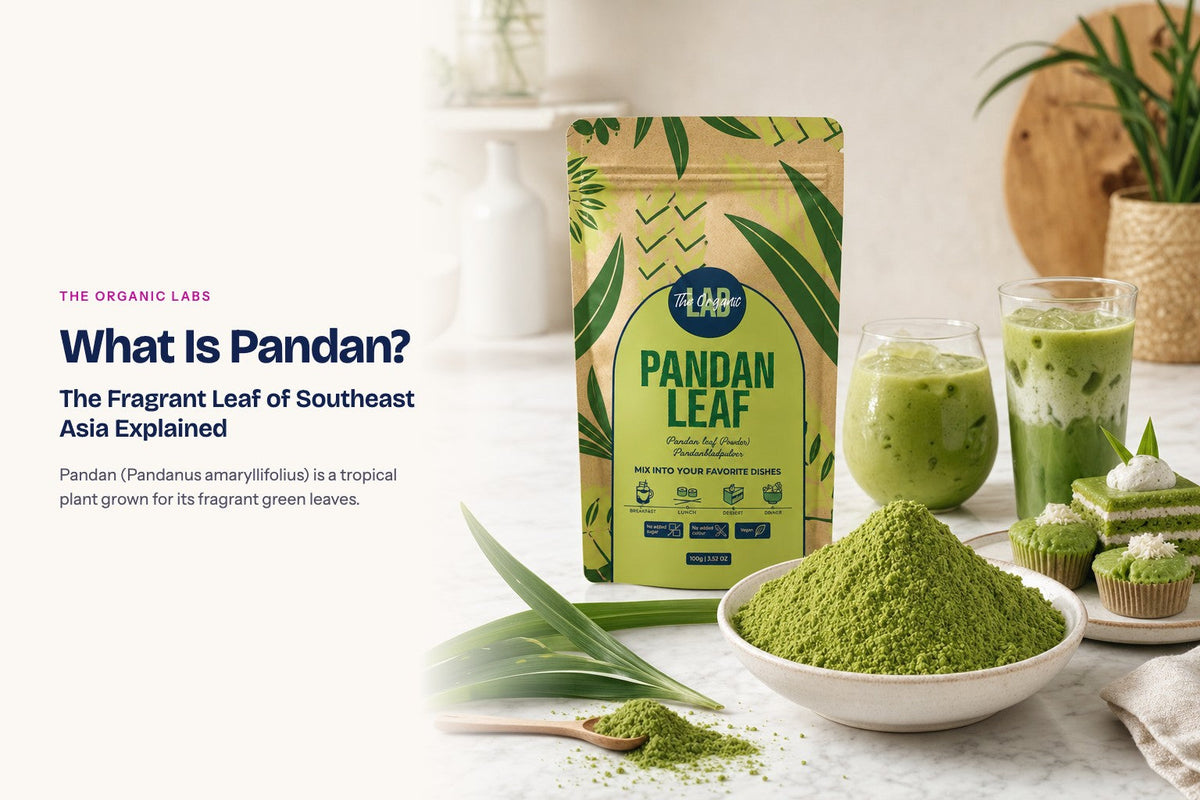 Pandan powder pack with a bowl of the powder, drinks and desserts